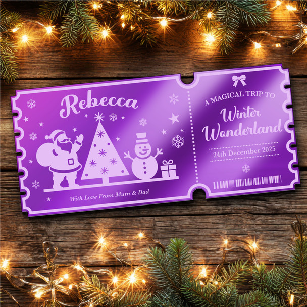 Purple Mirror Acrylic Ticket Winter Wonderland Christmas Trip Personalised