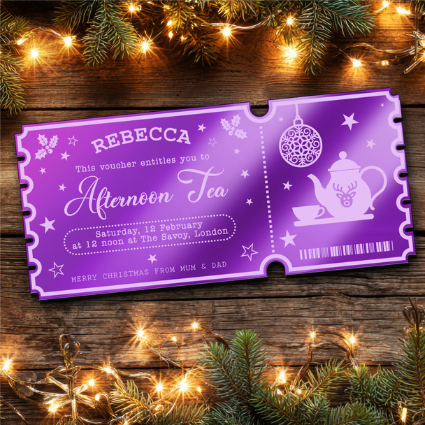 Purple Mirror Acrylic Ticket Afternoon Tea Christmas Bauble Personalised Voucher