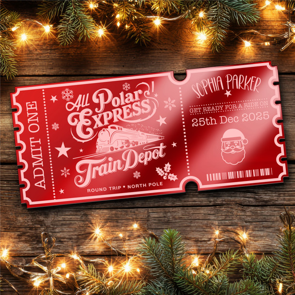 Red Mirror Acrylic Ticket Polar Express Christmas Train Ride Personalised Red Mirror Acrylic Ticket Polar Express Christmas Train Ride Personalised