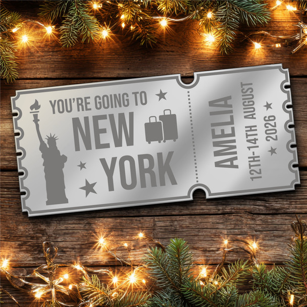 Rose Gold Mirror Acrylic Ticket New York Trip Holiday Surprise Getaway Custom
