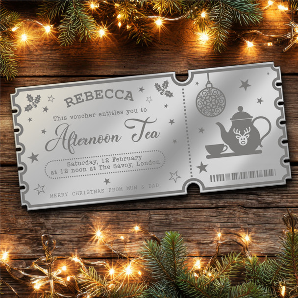 Silver Mirror Acrylic Ticket Afternoon Tea Christmas Bauble Personalised Voucher