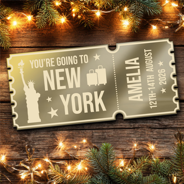 Silver Mirror Acrylic Ticket New York Trip Holiday Surprise Getaway Personalised