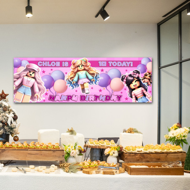 Personalised Party Banner For Kids Birthday Pink Roblox Girls