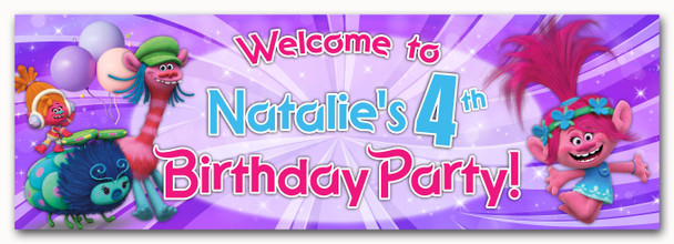 Personalised Party Banner For Kids Birthday Trolls Pink Purple