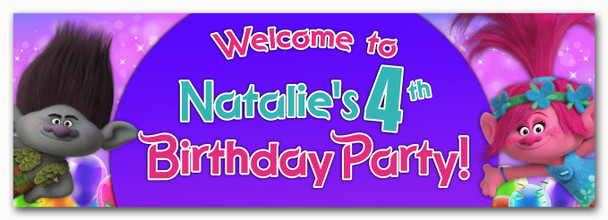 Personalised Party Banner For Kids Birthday Trolls Purple