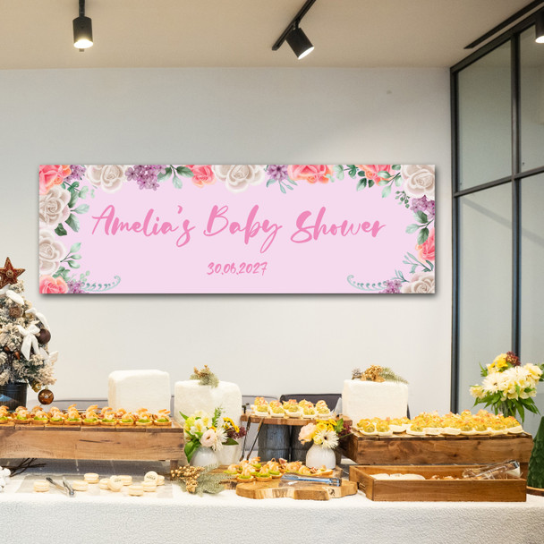 Personalised Party Banner For Baby Shower Flowers Pink