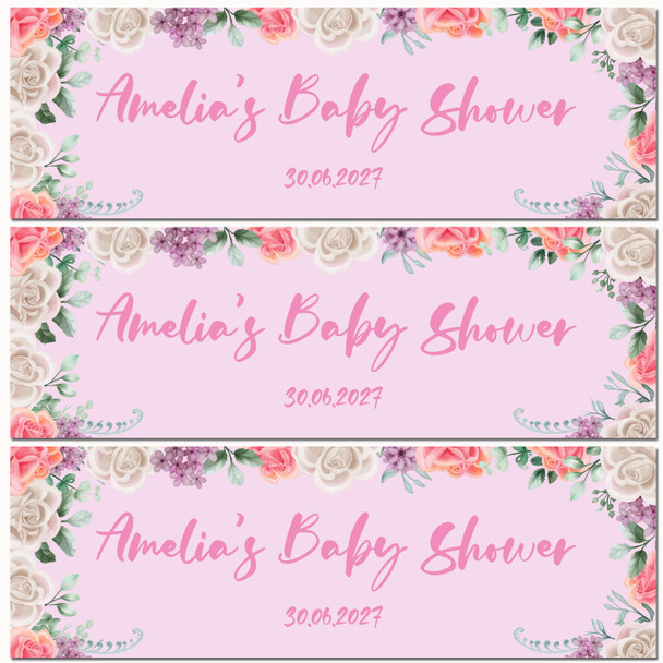 Personalised Party Banner For Baby Shower Flowers Pink