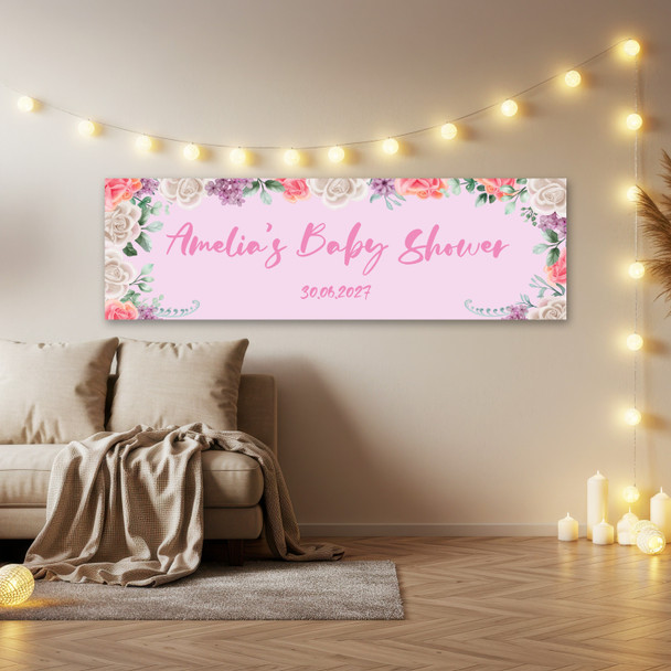 Personalised Party Banner For Baby Shower Flowers Pink