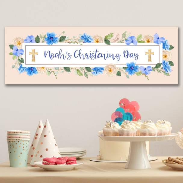 Personalised Party Banner For Christening Boy Blue Flowers Frame Cross