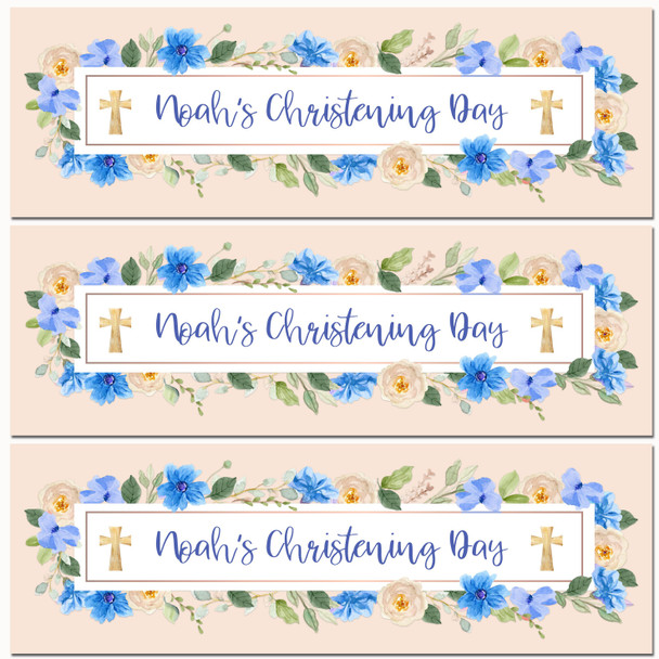 Personalised Party Banner For Christening Boy Blue Flowers Frame Cross