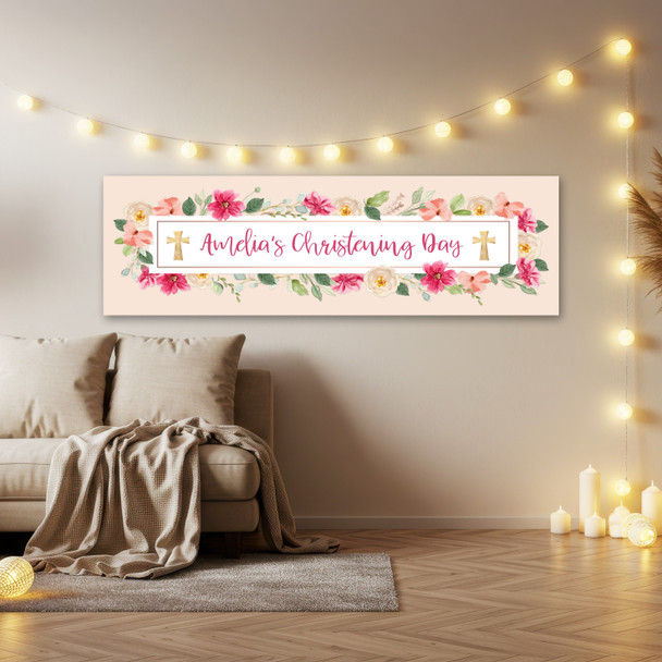 Personalised Party Banner For Christening Girl Pink Flowers Frame Cross