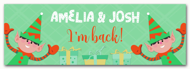 Personalised Party Banner For Christmas Elf Arrival I'm Back! Green Gift