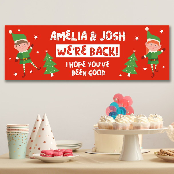 Personalised Party Banner For Christmas Elf Arrival We're Back! Green
