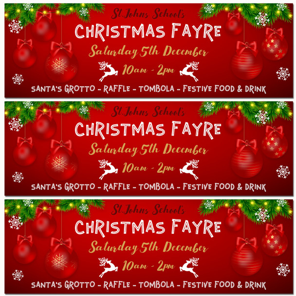 Personalised Party Banner For Christmas Fayre School Red Baubles