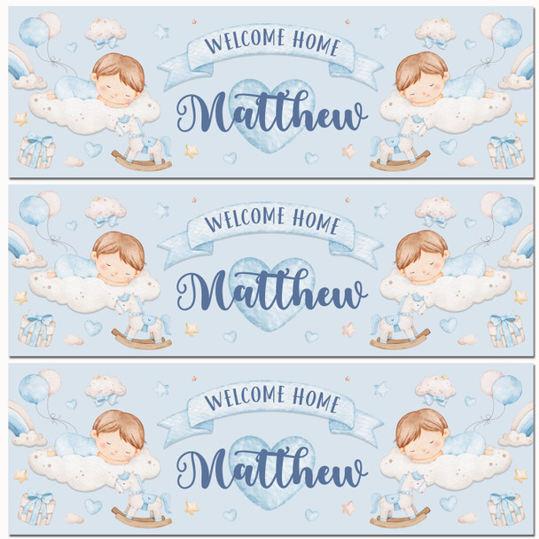 Personalised Party Banner For New Baby Boy Welcome Home Sleeping Baby Blue