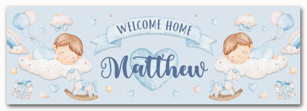 Personalised Party Banner For New Baby Boy Welcome Home Sleeping Baby Blue