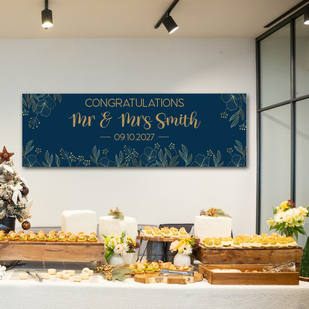 Personalised Party Banner For Wedding Day Gold Blue Line Flowers