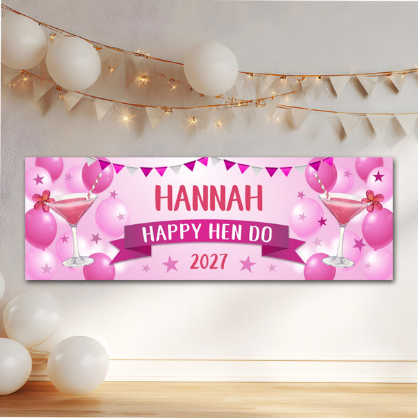 Personalised Party Banner For Hen Do Female Cocktail Pink Balloons