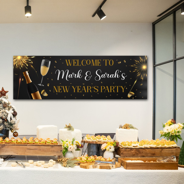 Personalised Party Banner For New Year Party Welcome Champagne Drink Black Gold