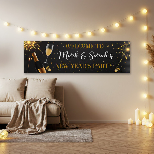 Personalised Party Banner For New Year Party Welcome Champagne Drink Black Gold