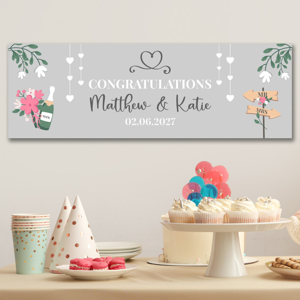 Personalised Party Banner For Wedding Day Congratulations Heart Silver Champagne