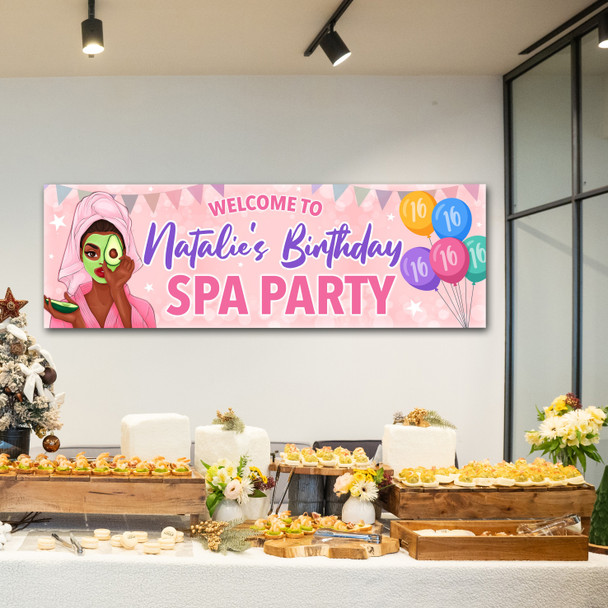Personalised Party Banner For Kids Birthday Dark Skin Girl Spa Pamper Party