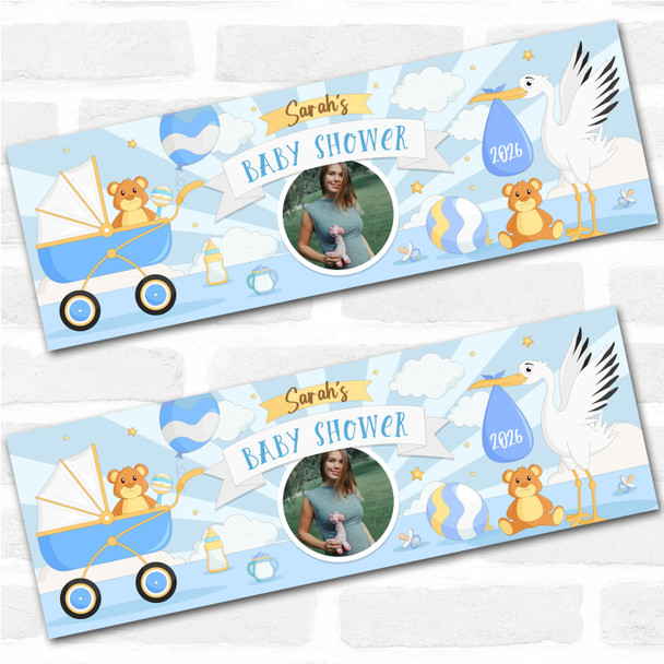 Personalised Party Banner For Baby Shower Photo Boy Stork Pram Blue