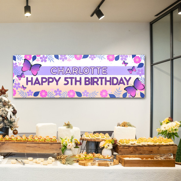 Personalised Party Banner For Kids Birthday Purple Pink Butterflies