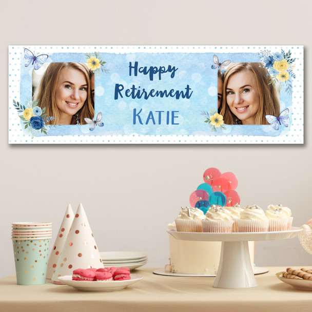 Personalised Party Banner For Retirement Photo Blue Floral Butterfly