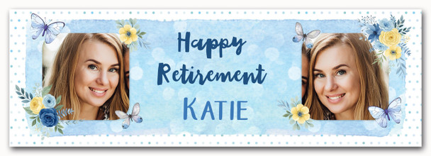 Personalised Party Banner For Retirement Photo Blue Floral Butterfly