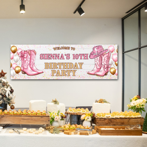 Personalised Party Banner For Kids Birthday Girls Pink Cowboy Boots