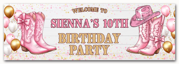 Personalised Party Banner For Kids Birthday Girls Pink Cowboy Boots