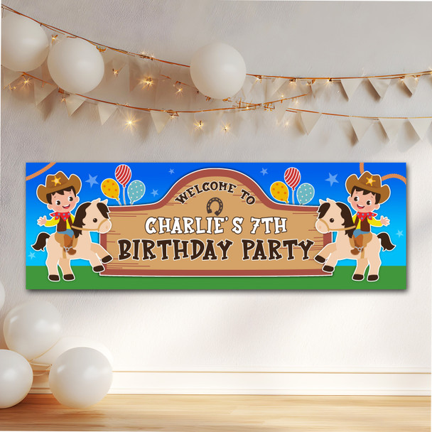Personalised Party Banner For Kids Birthday Cute Cowboy Horse Balloons