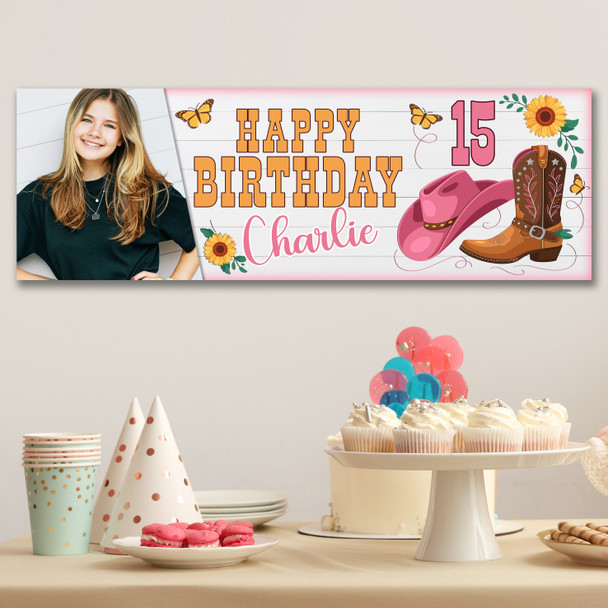 Personalised Party Banner For Kids Birthday Girls Pink Cowboy Boots Photo