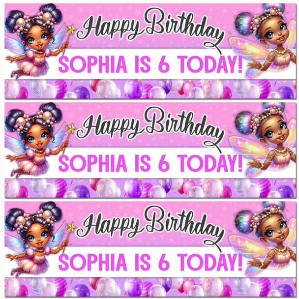 Personalised Party Banner For Kids Birthday Girls Dark Skin Fairy