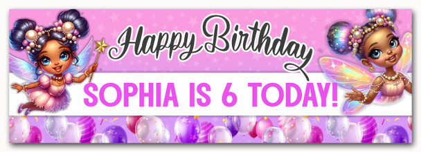 Personalised Party Banner For Kids Birthday Girls Dark Skin Fairy