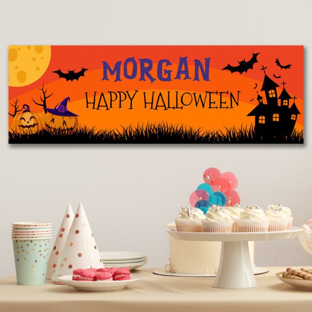 Personalised Party Banner For Halloween House Pumpkin Bat Orange