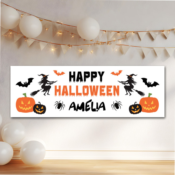 Personalised Party Banner For Halloween Witch Pumpkin Orange Black White