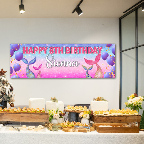 Personalised Party Banner For Kids Birthday Watercolour Mermaid Tails