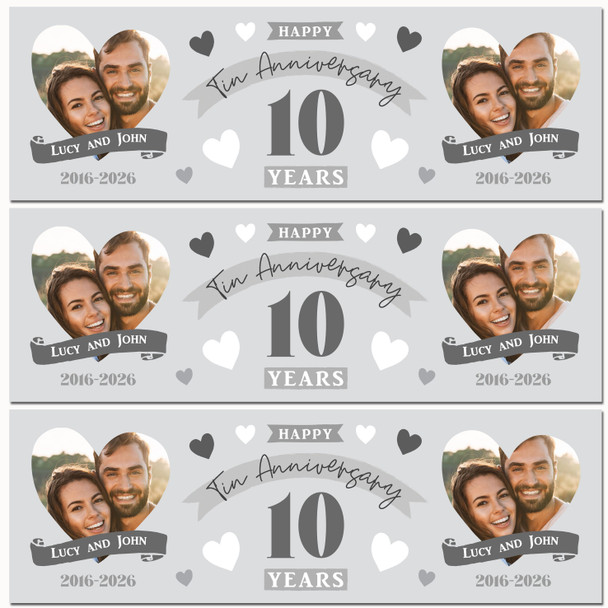 Personalised Party Banner For 10th Wedding Anniversary Tin 10 Years Photo Hearts