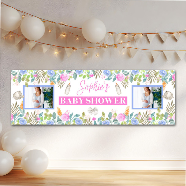 Personalised Party Banner For Baby Shower Photo Pink Blue Flowers