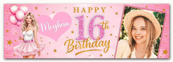 Personalised Party Banner For Kids Birthday Pink Blond Girl Balloons Photo