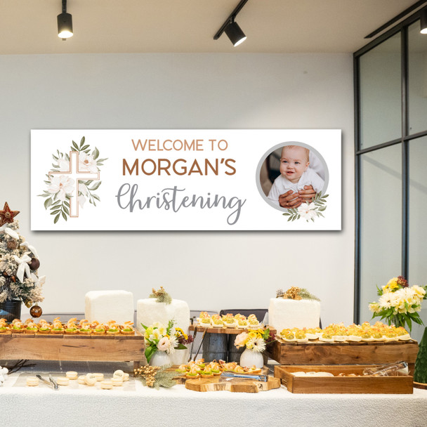 Personalised Party Banner For Christening Photo Welcome Cross Green Foliage