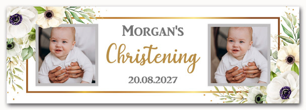 Personalised Party Banner For Christening Photo White Flowers Gold