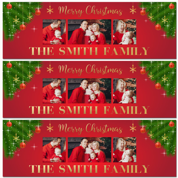 Personalised Party Banner For Christmas Family Photo Red Gold Baubles