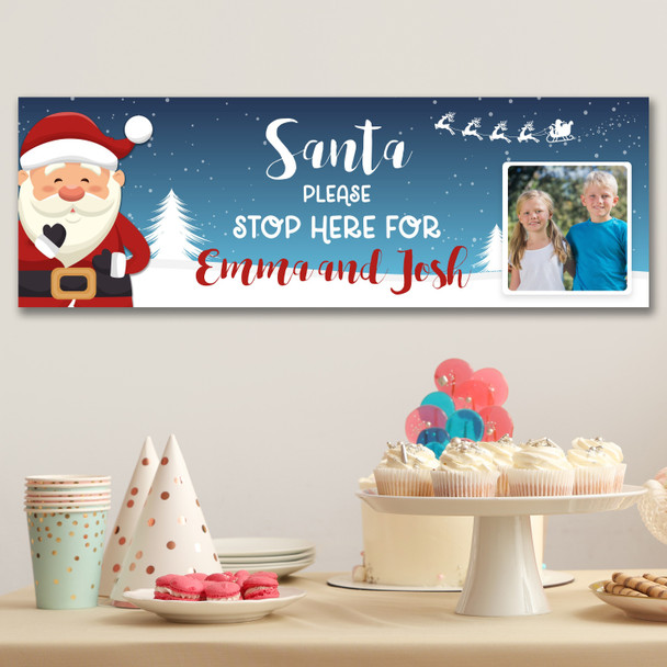 Personalised Party Banner For Christmas Santa Stop Here Photo Blue