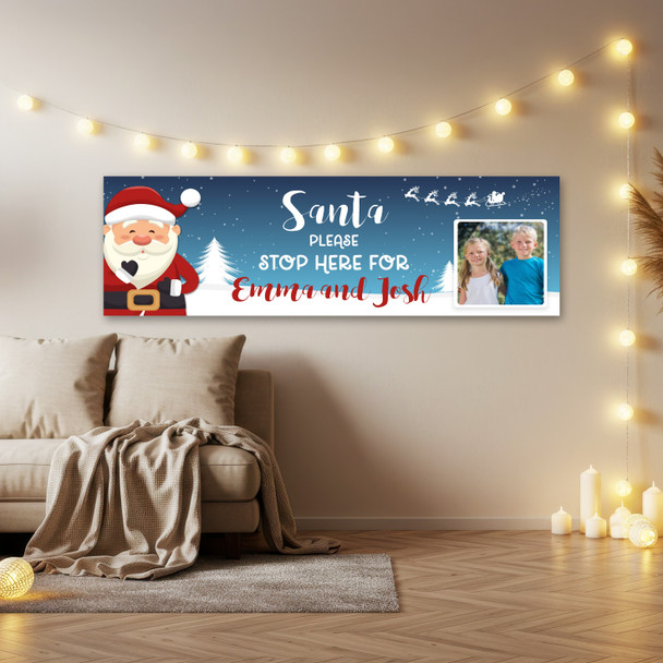 Personalised Party Banner For Christmas Santa Stop Here Photo Blue