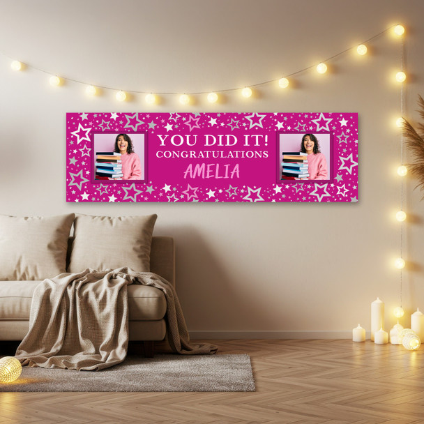 Personalised Party Banner For Graduation Female You Did It Photo Pink Stars