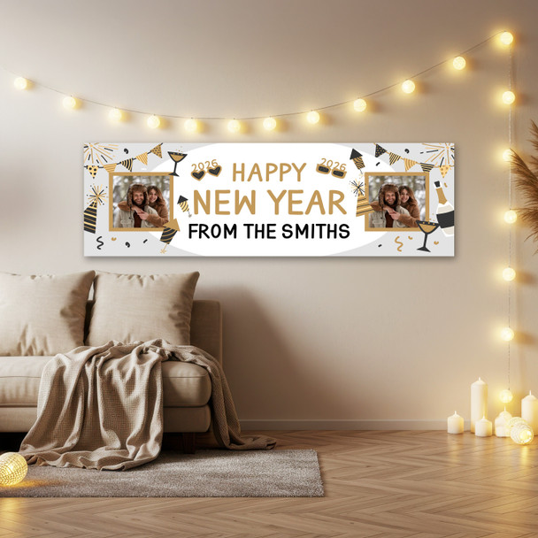 Personalised Party Banner For New Year Photo Family Gold Glasses 2026