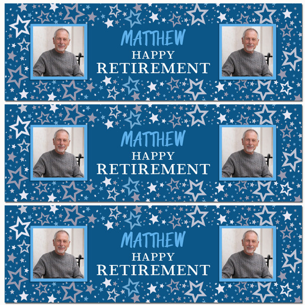 Personalised Party Banner For Retirement Male Photo Blue Stars